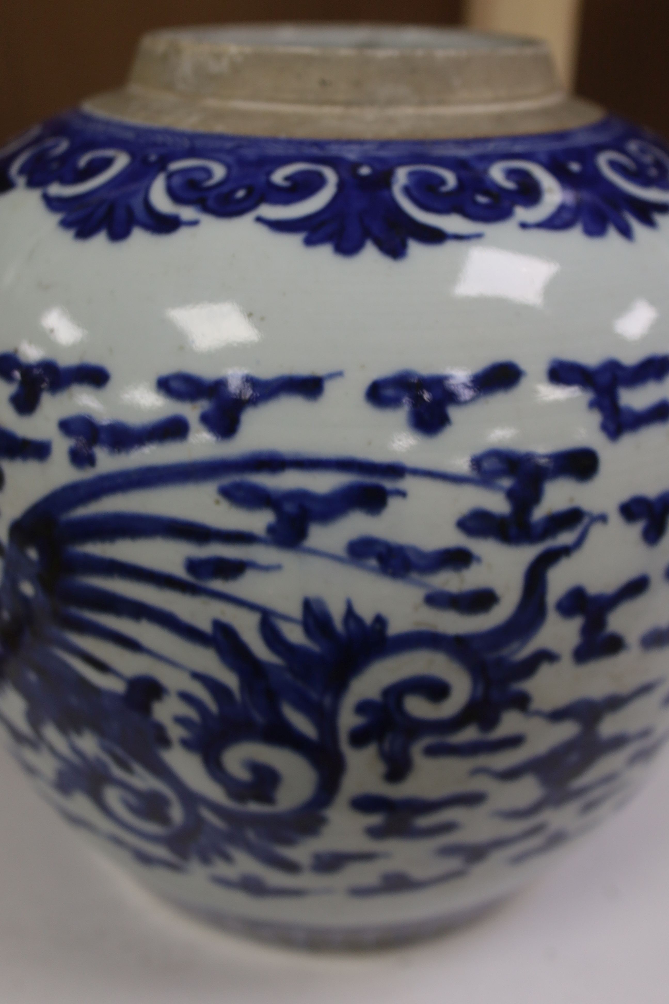 A Chinese blue and white ‘phoenix’ jar, 18th/19th century, 23 cm high